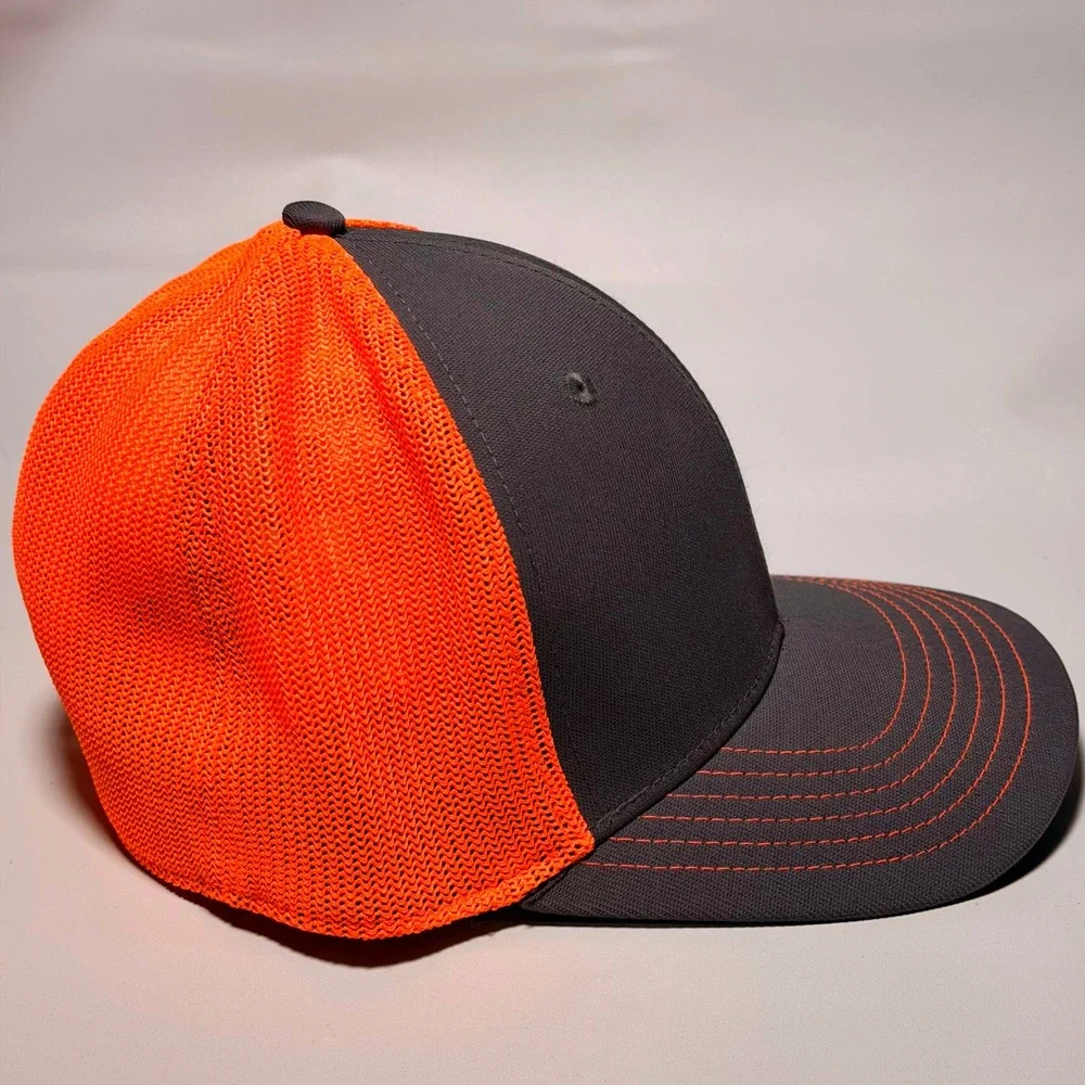 OC Sports Interstates Trucker Hat Grey‎ Neon Orange Mesh Stretch Fit S/M Q3 Cap